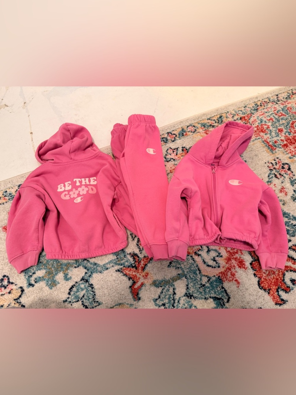 Champion Pink Kids Hoodie & Jogger Set with "Be The Good" Graphic (Twin Bundle)